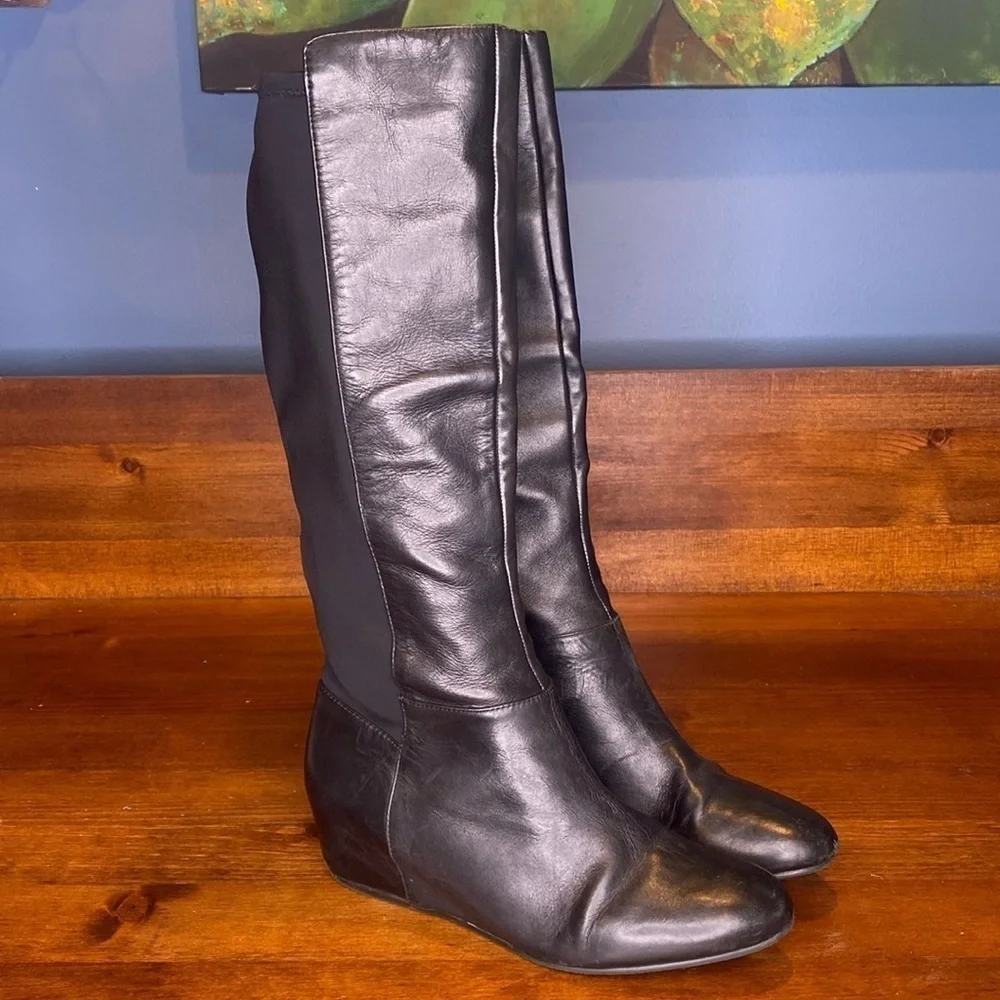 BCBG black leather & fabric tall knee high hidden wedge boots black size 10